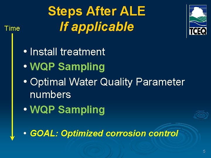 Time Steps After ALE If applicable • Install treatment • WQP Sampling • Optimal