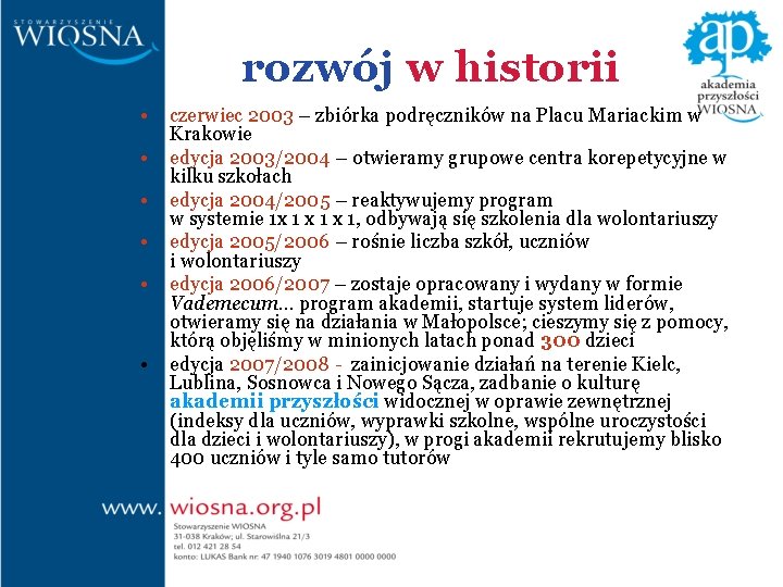 rozwój w historii • • • czerwiec 2003 – zbiórka podręczników na Placu Mariackim