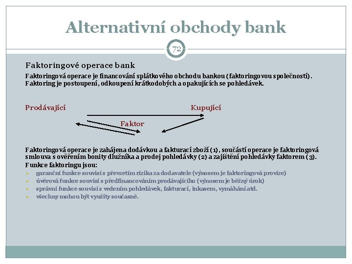 Alternativní obchody bank 72 Faktoringové operace bank Faktoringová operace je financování splátkového obchodu bankou Alternativní obchody bank 72 Faktoringové operace bank Faktoringová operace je financování splátkového obchodu bankou