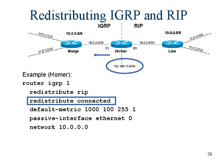Redistributing IGRP and RIP Example (Homer): router igrp 1 redistribute rip redistribute connected default-metric