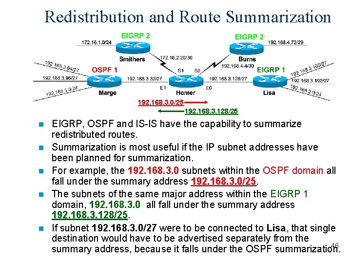 Redistribution and Route Summarization 192. 168. 3. 0/25 192. 168. 3. 128/25 n n