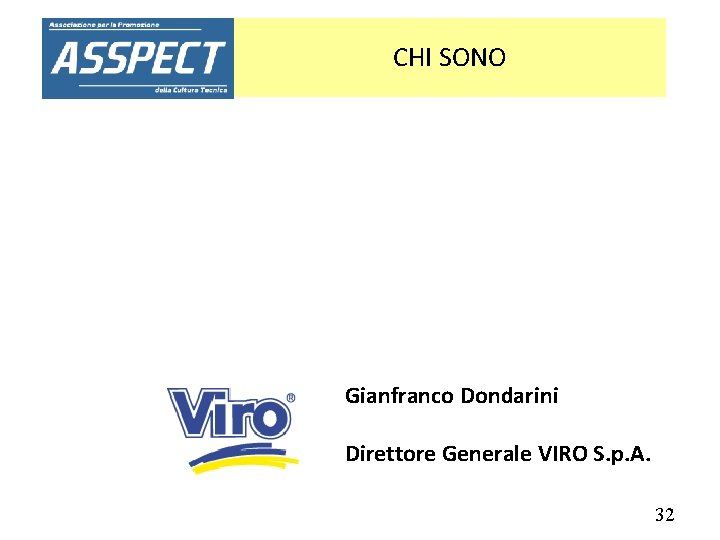 CHI SONO Gianfranco Dondarini Direttore Generale VIRO S. p. A. 32 