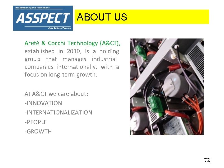 ABOUT US Aretè & Cocchi Technology (A&CT), established in 2010, is a holding group