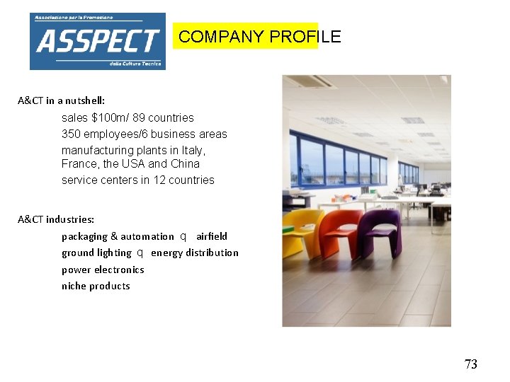 COMPANY PROFILE A&CT in a nutshell: sales $100 m/ 89 countries 350 employees/6 business
