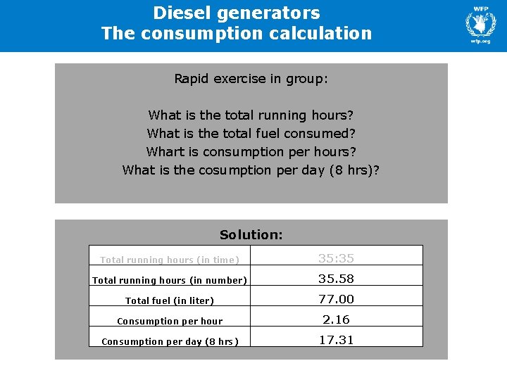 Diesel generators The consumption calculation Rapid exercise in group: What is the total running Diesel generators The consumption calculation Rapid exercise in group: What is the total running