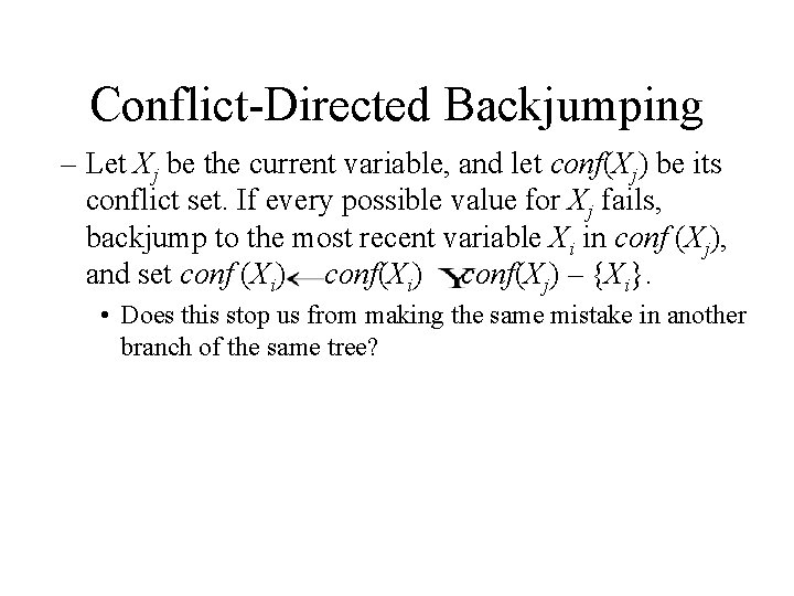 Conflict-Directed Backjumping – Let Xj be the current variable, and let conf(Xj) be its