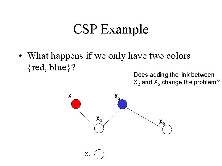 CSP Example • What happens if we only have two colors {red, blue}? Does