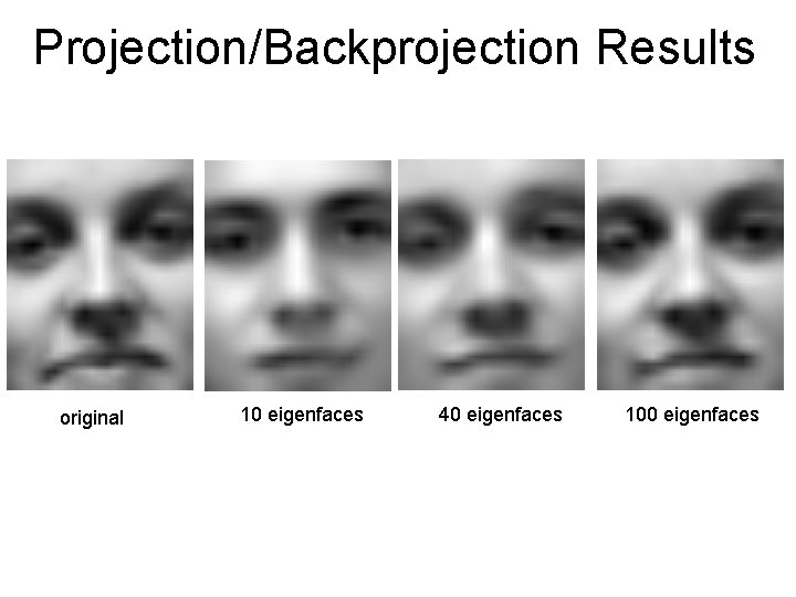 Projection/Backprojection Results original 10 eigenfaces 40 eigenfaces 100 eigenfaces 