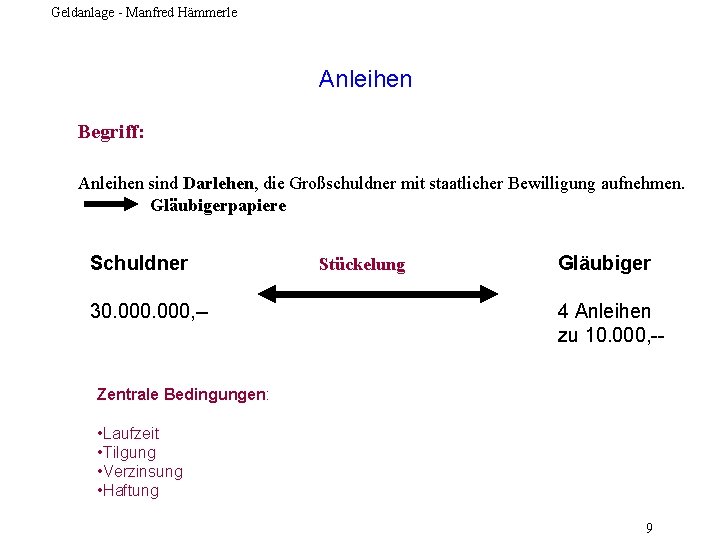 Geldanlage - Manfred Hämmerle Anleihen Begriff: Anleihen sind Darlehen, die Großschuldner mit staatlicher Bewilligung