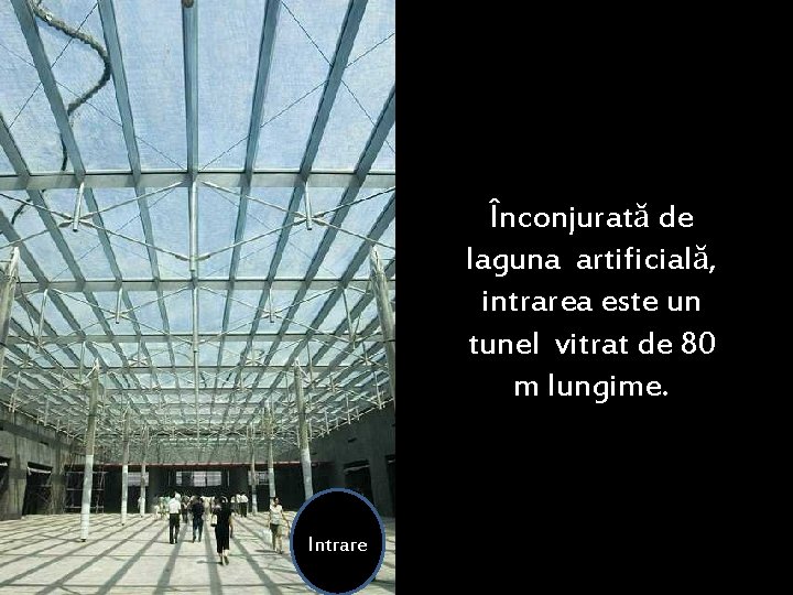 Înconjurată de laguna artificială, intrarea este un tunel vitrat de 80 m lungime. Intrare