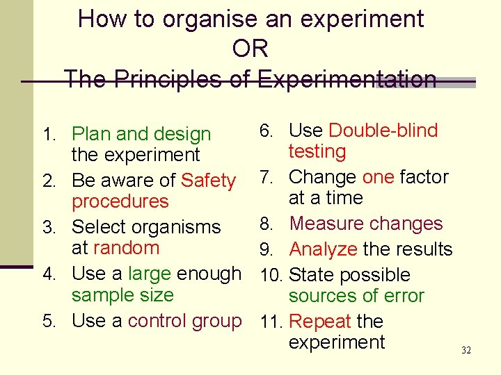 How to organise an experiment OR The Principles of Experimentation 1. Plan and design How to organise an experiment OR The Principles of Experimentation 1. Plan and design