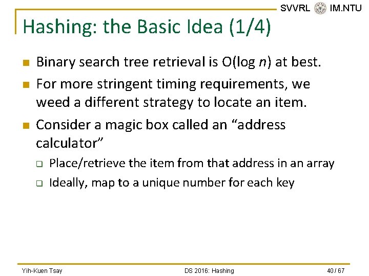 Hashing: the Basic Idea (1/4) n n n SVVRL @ IM. NTU Binary search