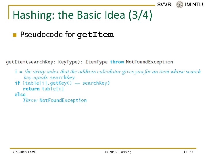 Hashing: the Basic Idea (3/4) n SVVRL @ IM. NTU Pseudocode for get. Item