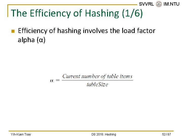 SVVRL @ IM. NTU The Efficiency of Hashing (1/6) n Efficiency of hashing involves