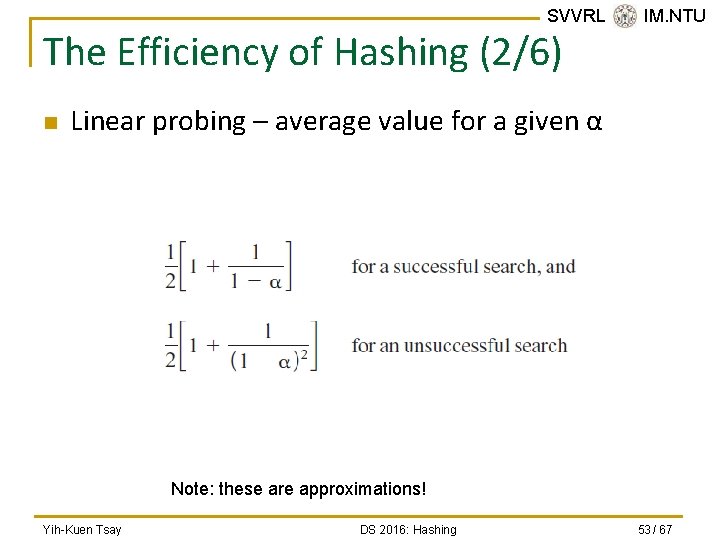 SVVRL @ IM. NTU The Efficiency of Hashing (2/6) n Linear probing – average