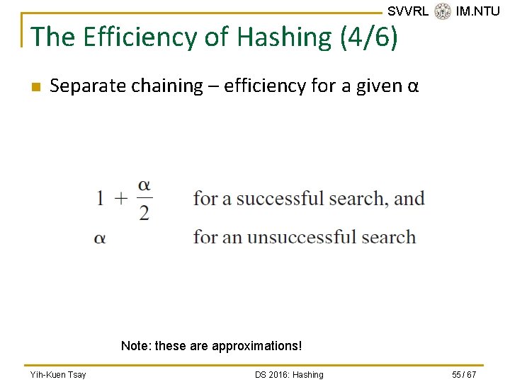 SVVRL @ IM. NTU The Efficiency of Hashing (4/6) n Separate chaining – efficiency