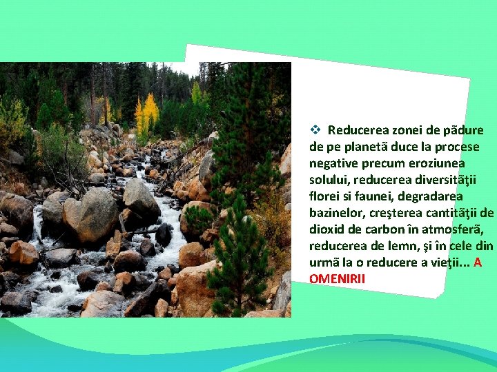 v Reducerea zonei de pãdure de pe planetã duce la procese negative precum eroziunea