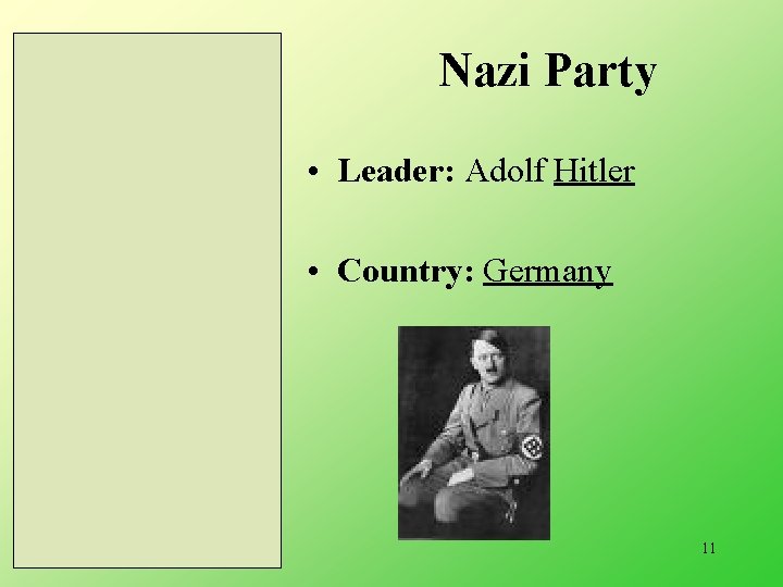 Nazi Party • Leader: Adolf Hitler • Country: Germany 9/15/2020 11 
