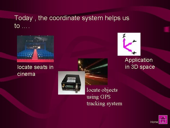 Today , the coordinate system helps us to …. Application in 3 D space