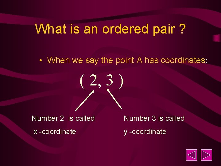 What is an ordered pair ? • When we say the point A has