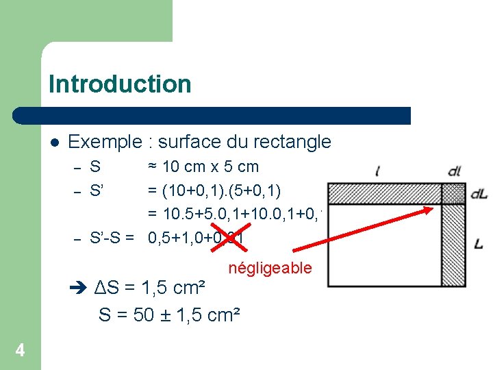 Introduction l Exemple : surface du rectangle – – – S S’ ≈ 10