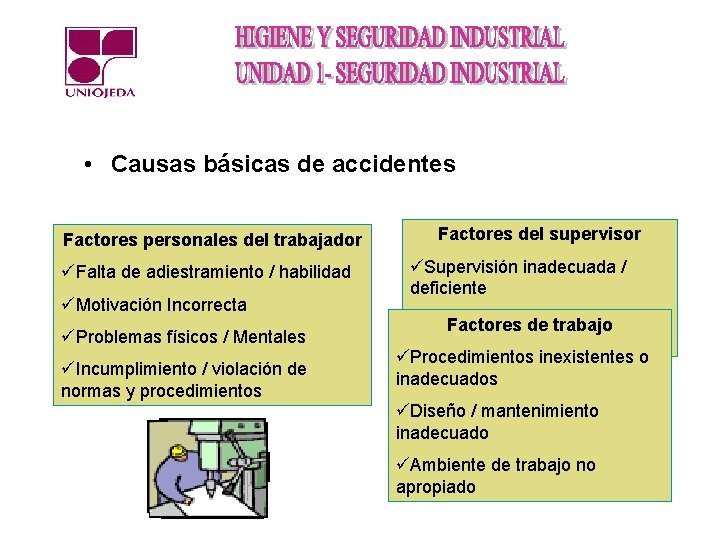  • Causas básicas de accidentes Factores personales del trabajador üFalta de adiestramiento /