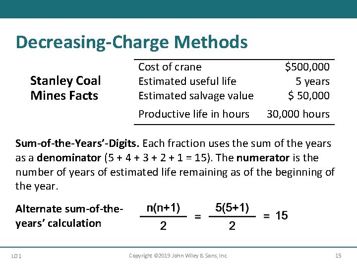 Decreasing-Charge Methods Stanley Coal Mines Facts Cost of crane Estimated useful life Estimated salvage Decreasing-Charge Methods Stanley Coal Mines Facts Cost of crane Estimated useful life Estimated salvage