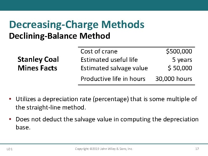 Decreasing-Charge Methods Declining-Balance Method Stanley Coal Mines Facts Cost of crane Estimated useful life Decreasing-Charge Methods Declining-Balance Method Stanley Coal Mines Facts Cost of crane Estimated useful life