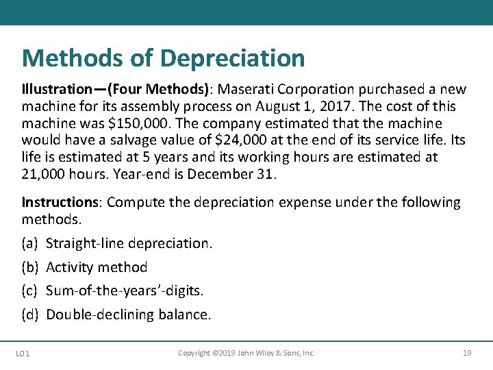 Methods of Depreciation Illustration—(Four Methods): Maserati Corporation purchased a new machine for its assembly Methods of Depreciation Illustration—(Four Methods): Maserati Corporation purchased a new machine for its assembly
