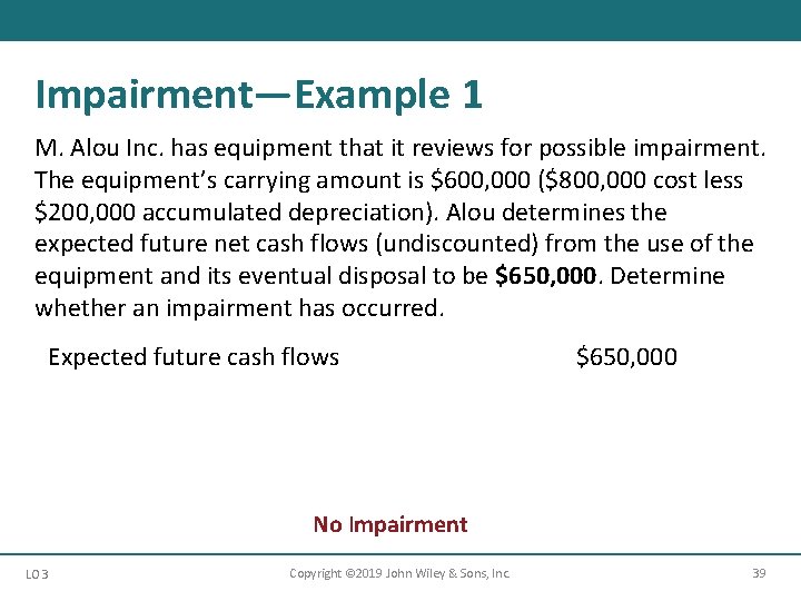 Impairment—Example 1 M. Alou Inc. has equipment that it reviews for possible impairment. The Impairment—Example 1 M. Alou Inc. has equipment that it reviews for possible impairment. The
