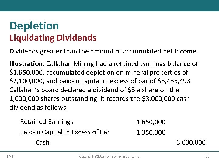 Depletion Liquidating Dividends greater than the amount of accumulated net income. Illustration: Callahan Mining Depletion Liquidating Dividends greater than the amount of accumulated net income. Illustration: Callahan Mining