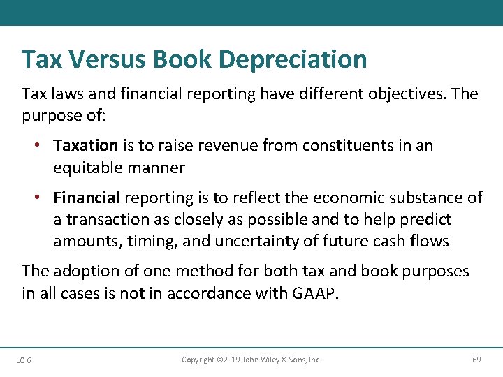 Tax Versus Book Depreciation Tax laws and financial reporting have different objectives. The purpose Tax Versus Book Depreciation Tax laws and financial reporting have different objectives. The purpose
