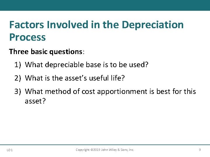 Factors Involved in the Depreciation Process Three basic questions: 1) What depreciable base is Factors Involved in the Depreciation Process Three basic questions: 1) What depreciable base is