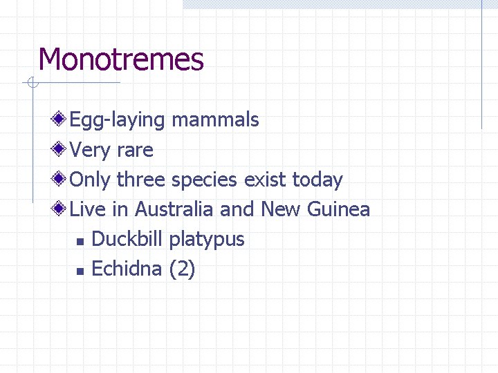 Monotremes Egg-laying mammals Very rare Only three species exist today Live in Australia and