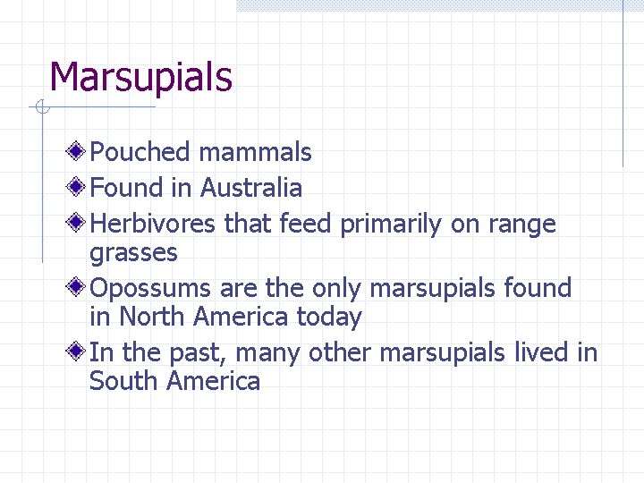 Marsupials Pouched mammals Found in Australia Herbivores that feed primarily on range grasses Opossums