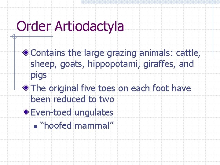 Order Artiodactyla Contains the large grazing animals: cattle, sheep, goats, hippopotami, giraffes, and pigs
