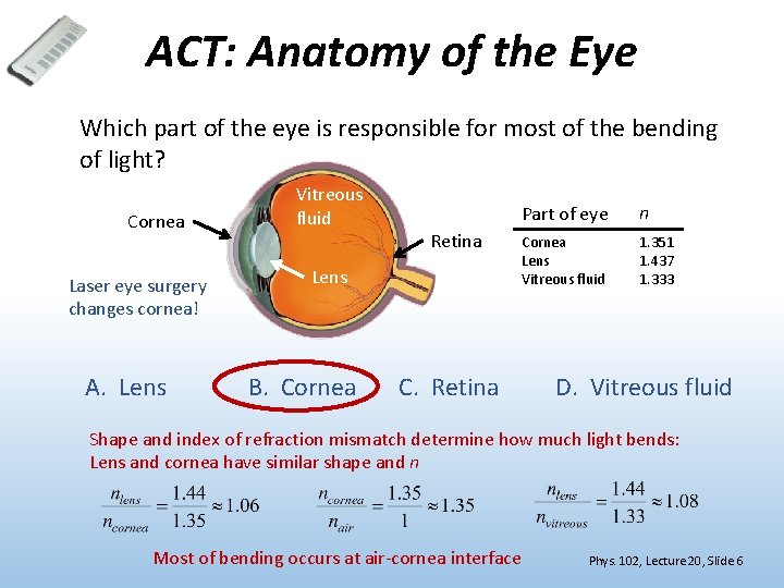 ACT: Anatomy of the Eye Which part of the eye is responsible for most