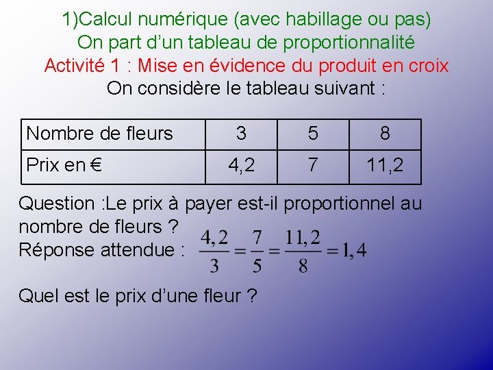 1)Calcul numérique (avec habillage ou pas) On part d’un tableau de proportionnalité Activité 1