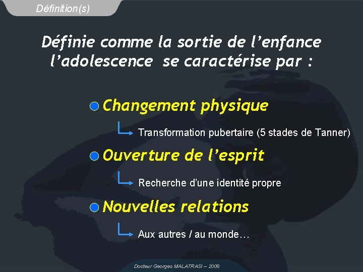 Définition(s) Définie comme la sortie de l’enfance l’adolescence se caractérise par : Changement physique