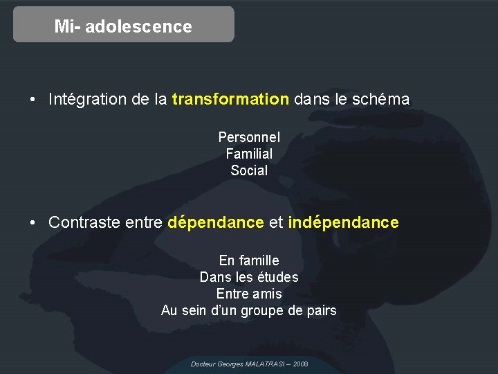 Mi- adolescence • Intégration de la transformation dans le schéma Personnel Familial Social •