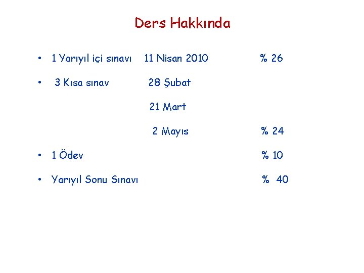 Ders Hakkında • 1 Yarıyıl içi sınavı • 3 Kısa sınav 11 Nisan 2010