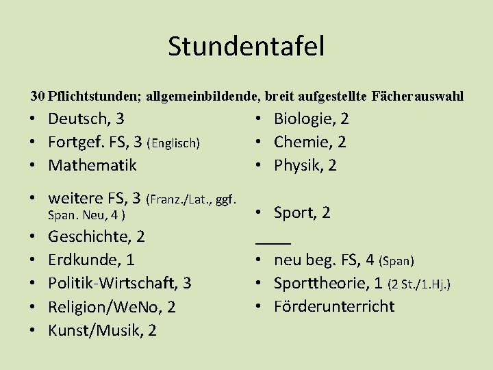 Stundentafel 30 Pflichtstunden; allgemeinbildende, breit aufgestellte Fächerauswahl • Deutsch, 3 • Fortgef. FS, 3 Stundentafel 30 Pflichtstunden; allgemeinbildende, breit aufgestellte Fächerauswahl • Deutsch, 3 • Fortgef. FS, 3