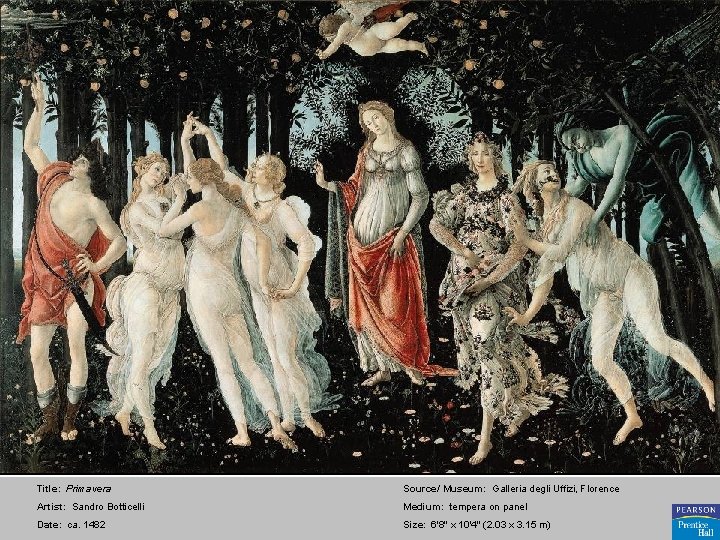 Title: Primavera Source/ Museum: Galleria degli Uffizi, Florence Artist: Sandro Botticelli Medium: tempera on