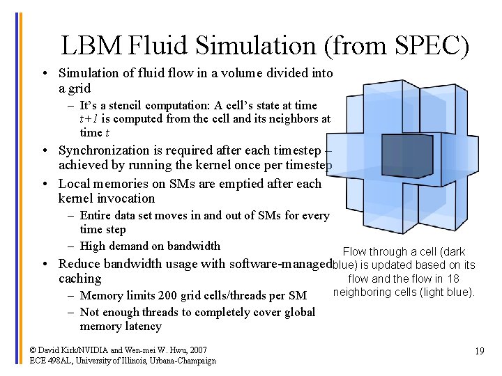 LBM Fluid Simulation (from SPEC) • Simulation of fluid flow in a volume divided