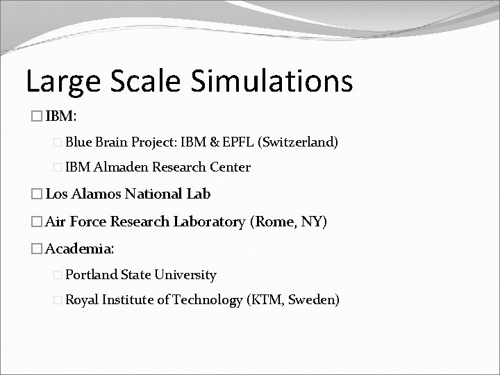 Large Scale Simulations �IBM: � Blue Brain Project: IBM & EPFL (Switzerland) � IBM