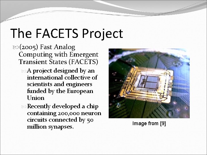 The FACETS Project (2005) Fast Analog Computing with Emergent Transient States (FACETS) A project