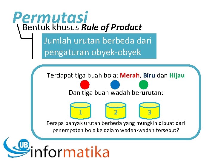 Permutasi Bentuk khusus Rule of Product Jumlah urutan berbeda dari pengaturan obyek-obyek Terdapat tiga