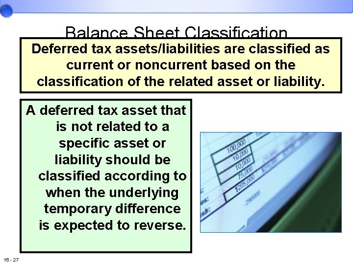 Balance Sheet Classification Deferred tax assets/liabilities are classified as current or noncurrent based on