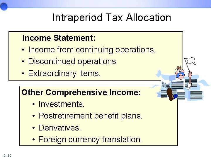 Intraperiod Tax Allocation Income Statement: • Income from continuing operations. • Discontinued operations. •