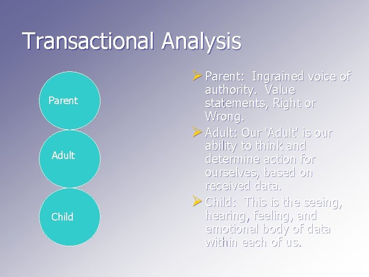 Transactional Analysis Ø Parent: Ingrained voice of Parent Adult Child authority. Value statements, Right